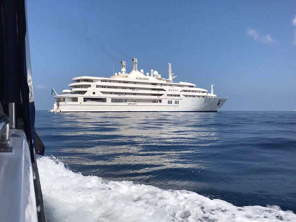 Motor yacht Al Salamah photographed from a tender in Maldivian waters