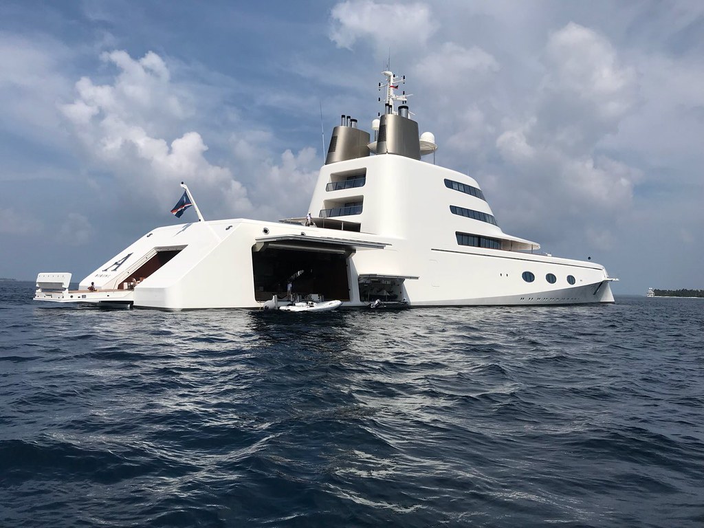 Stern view of motor yacht A in the Maldives
